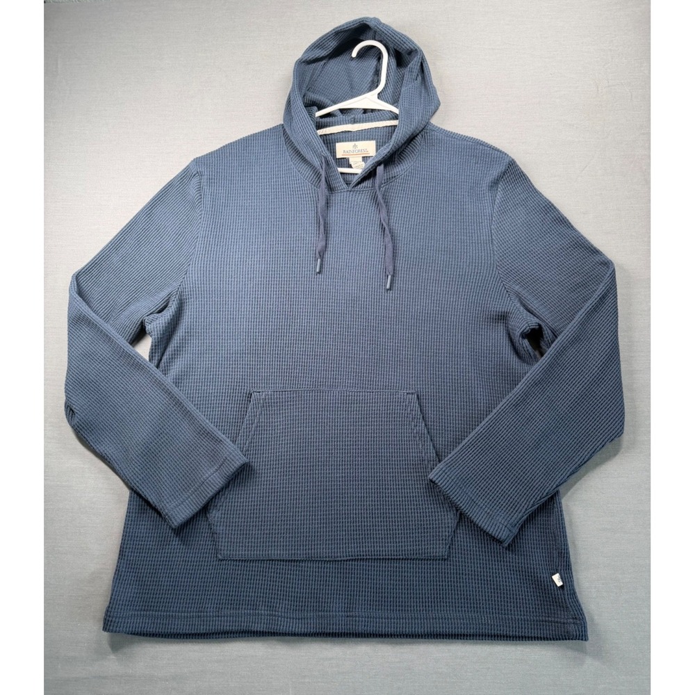 Waffle Knit Henley Hoodie Men's 2XL Relaxed Fit Navy Blue Pockets Drawstring XXL